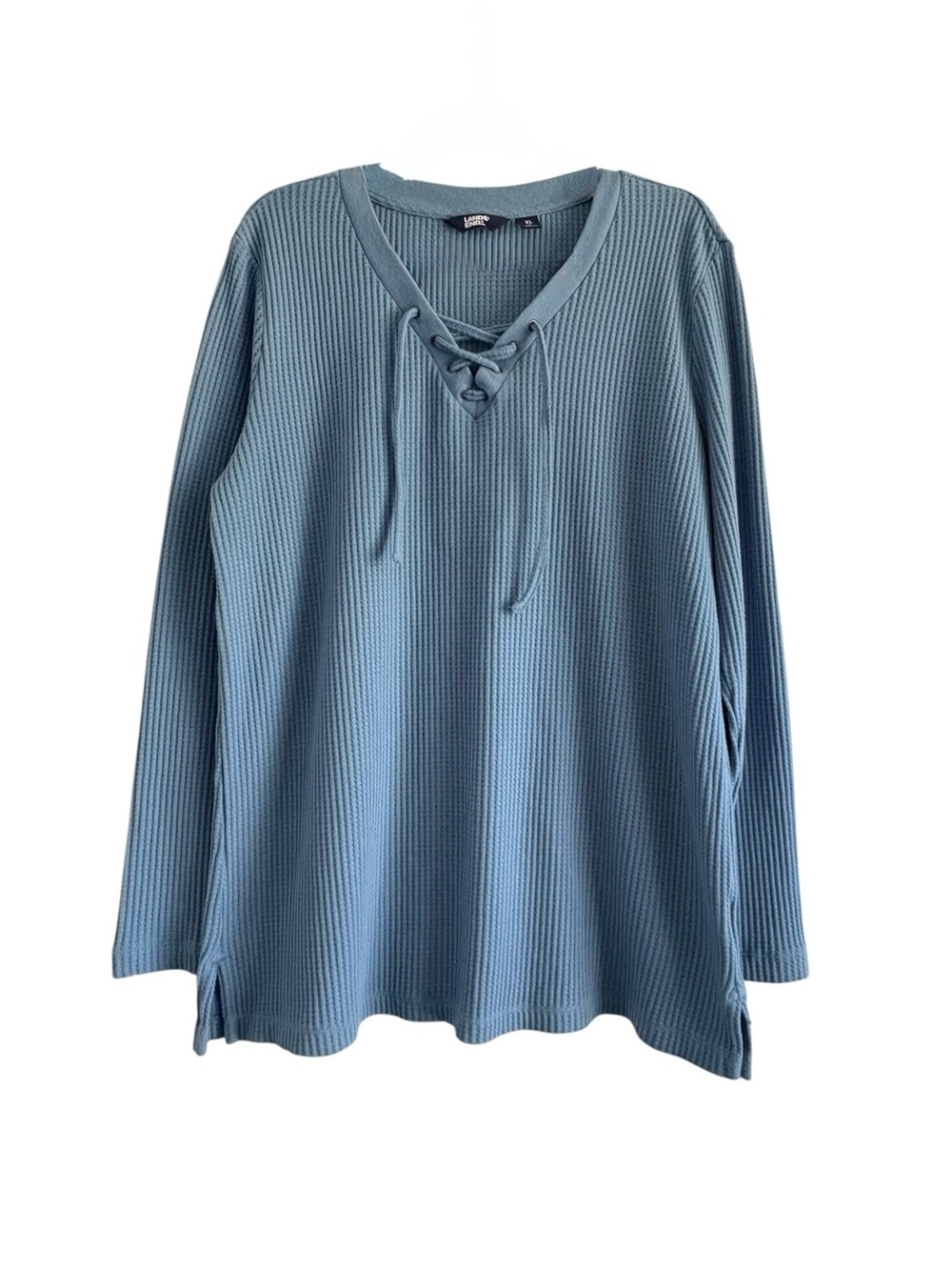 Lands' End Long Sleeve Lace Up Waffle Thermal Top Blue Extra Large